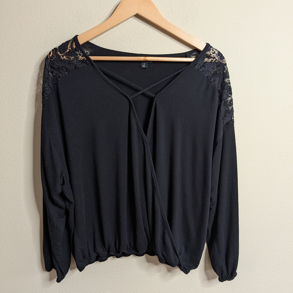 Torrid Black Lace Shoulder Blouse Size 2 Plus Size Drapey Criss Cross Front Top